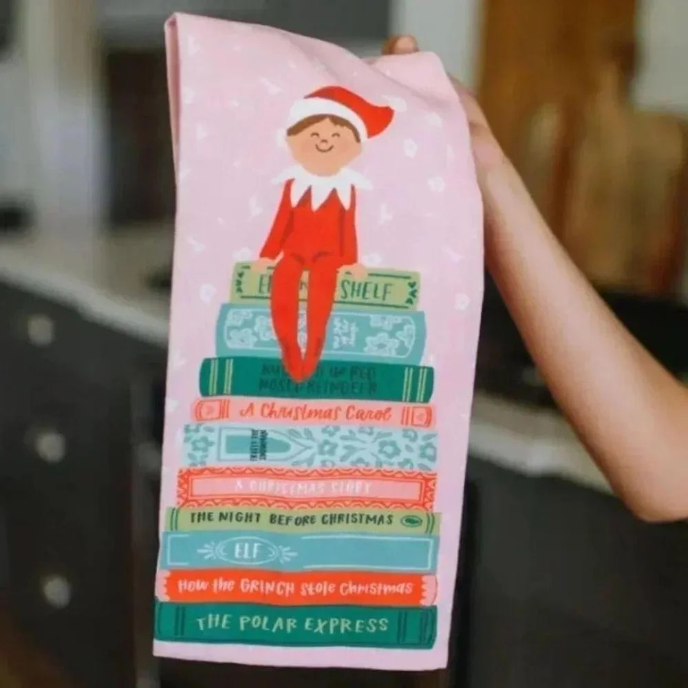 Holiday Elf on the Shelf Book Stack Tea Towel NEW‎